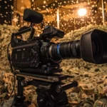 An AI generated image of a video camera surrounded by a large pile of money