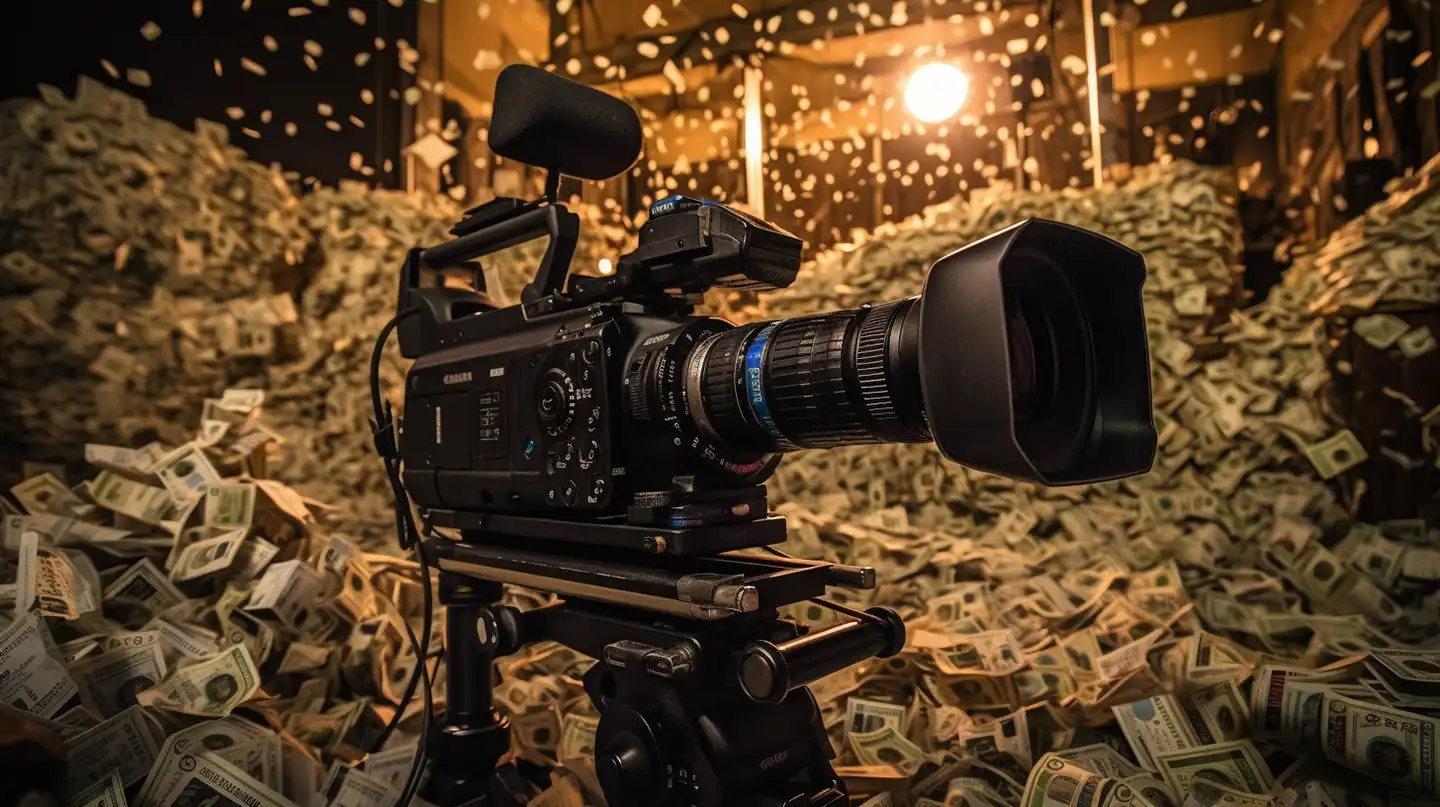 An AI generated image of a video camera surrounded by a large pile of money