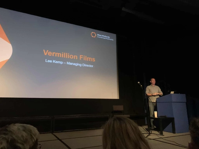 Vermillion Films MD Lee Kemp doing a keynote at the launch of the DCMS Creative Scaleup event West Midlands