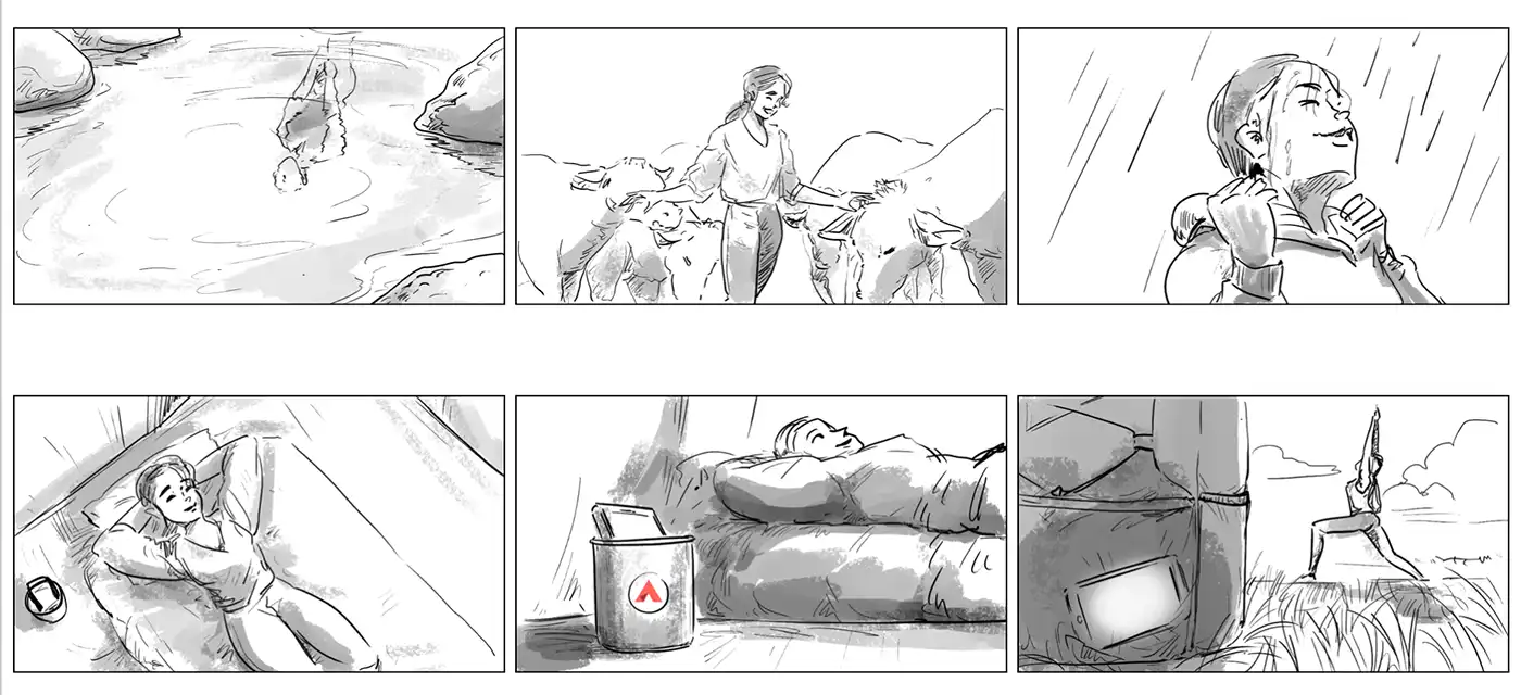 Brand Video Storyboard features a series of sketches in a storyboard format. The panels are, in order, a woman looking at her reflection. Then she's petting cows. Then she's enjoying the rain. Then laying relaxed in her tent. A side view of her listening to music on her phone and then doing yoga.