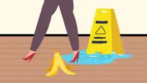 A cartoon showing a lady walking through a hazardous area, with a wet floor sign, puddles and a banana skin
