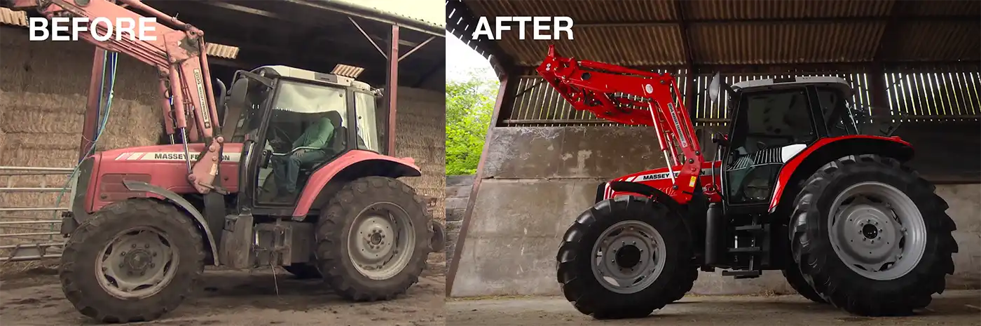 A tractor before and after it's been completely refurbished for a branded content video project